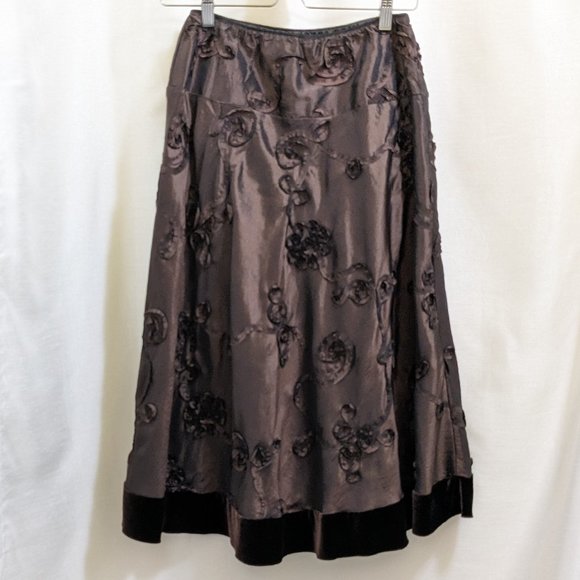 Metaphor Dresses & Skirts - Brown Taffeta Satin Velvet Trim Midi Skirt - Sz Small